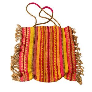 Handwoven Wool Striped Bohemian Tote Bag With Fringe Pink Orange Yellow
